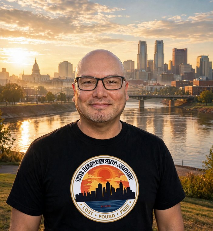 Rome wearing The Recovering Addict emblem tee