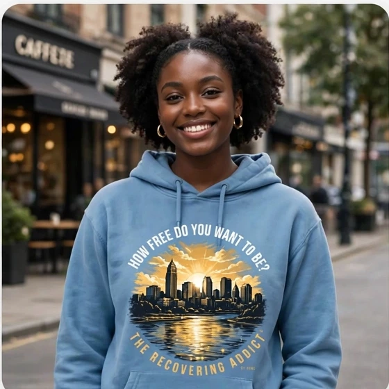 Model wearing the sky-blue How Free Do You Want to Be hoodie