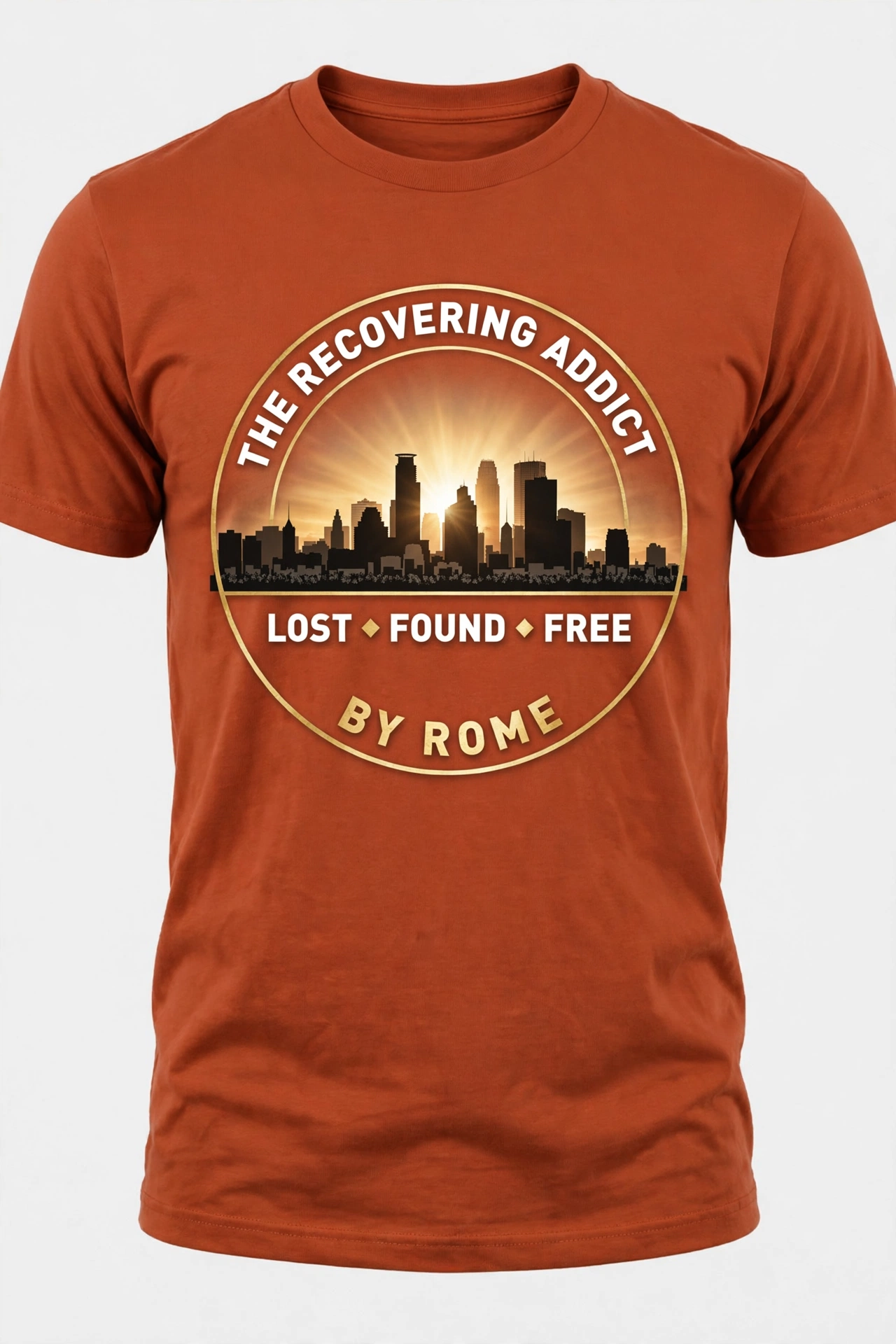 Burnt-orange THE RECOVERING ADDICT emblem T-shirt