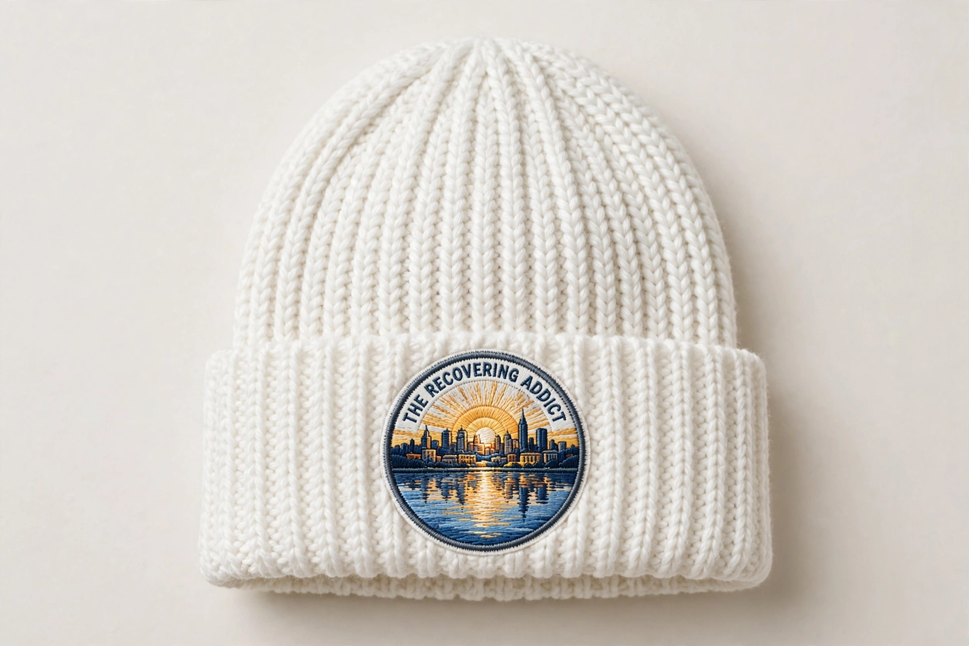 White winter beanie with The Recovering Addict Minneapolis sunrise, skyline, and river patch centered on the folded cuff