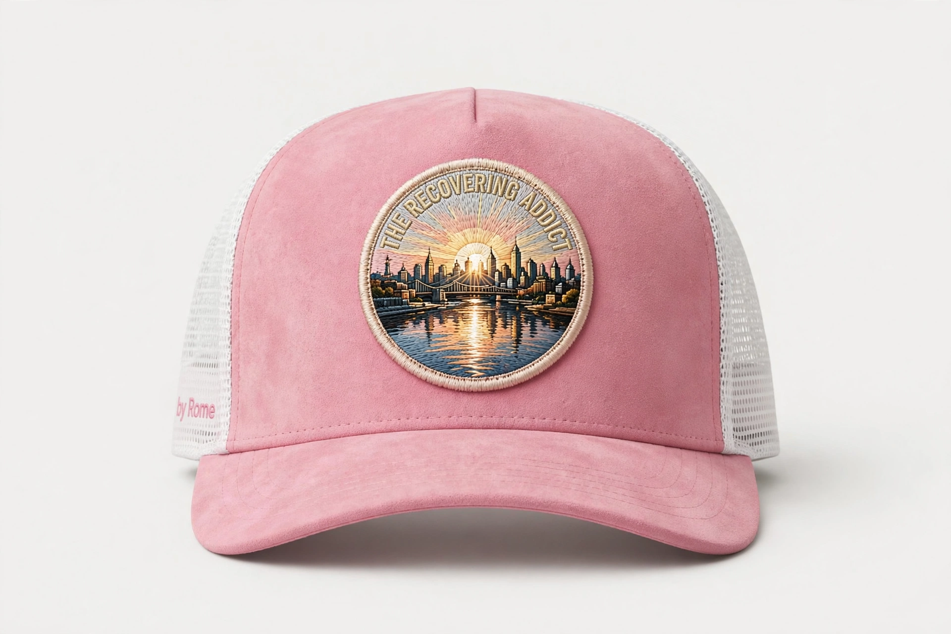 Black and White trucker hat with a round The Recovering Addict Minneapolis sunrise, skyline, and river patch