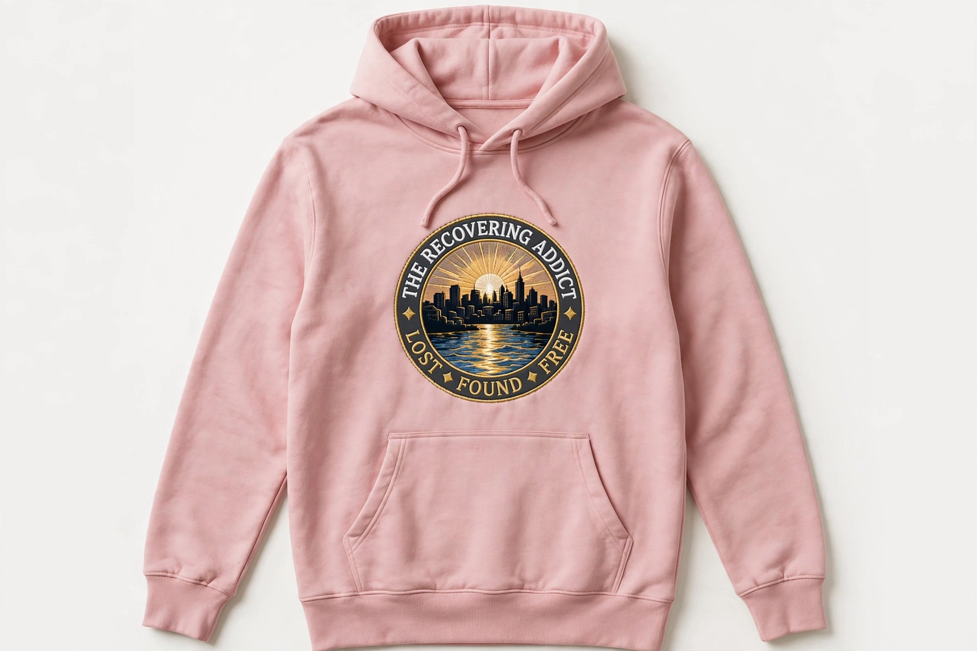 Pink hoodie with The Recovering Addict circular sunrise, Minneapolis skyline, river reflection, and Lost Found Free emblem on the chest