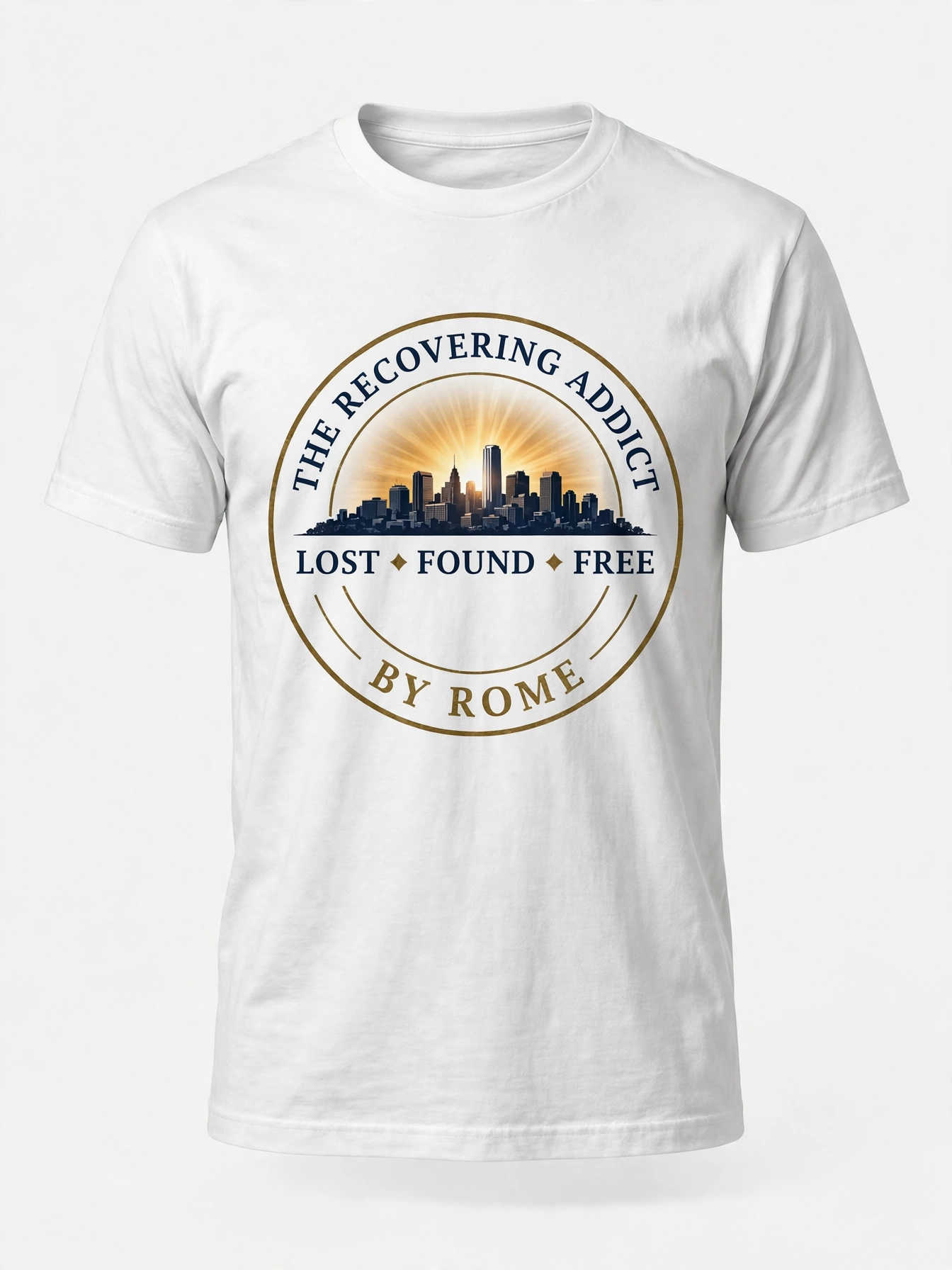White THE RECOVERING ADDICT emblem T-shirt with navy and antique-gold artwork