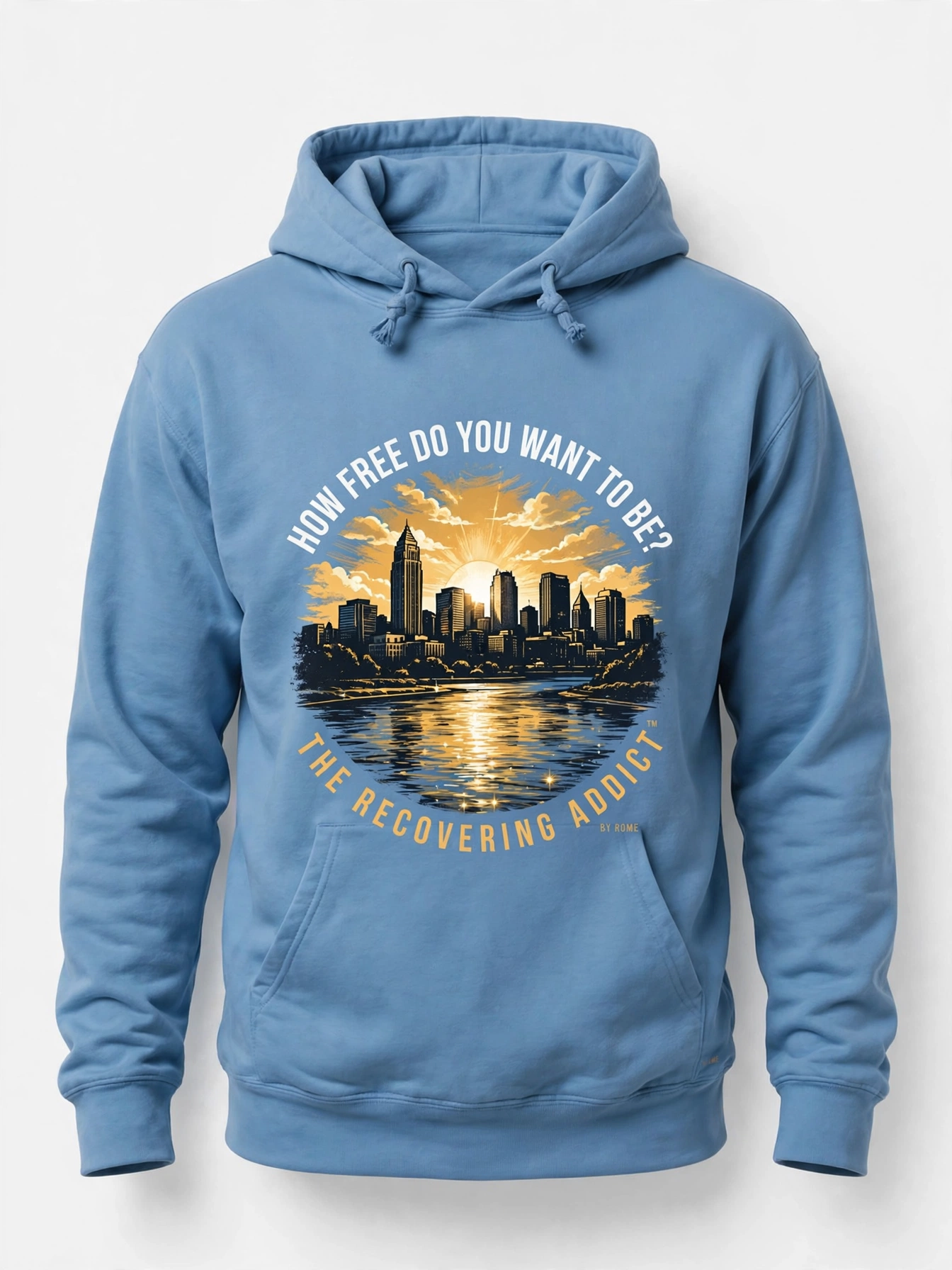 Sky-blue How Free Do You Want to Be hoodie with a sunrise over the Minneapolis skyline and river