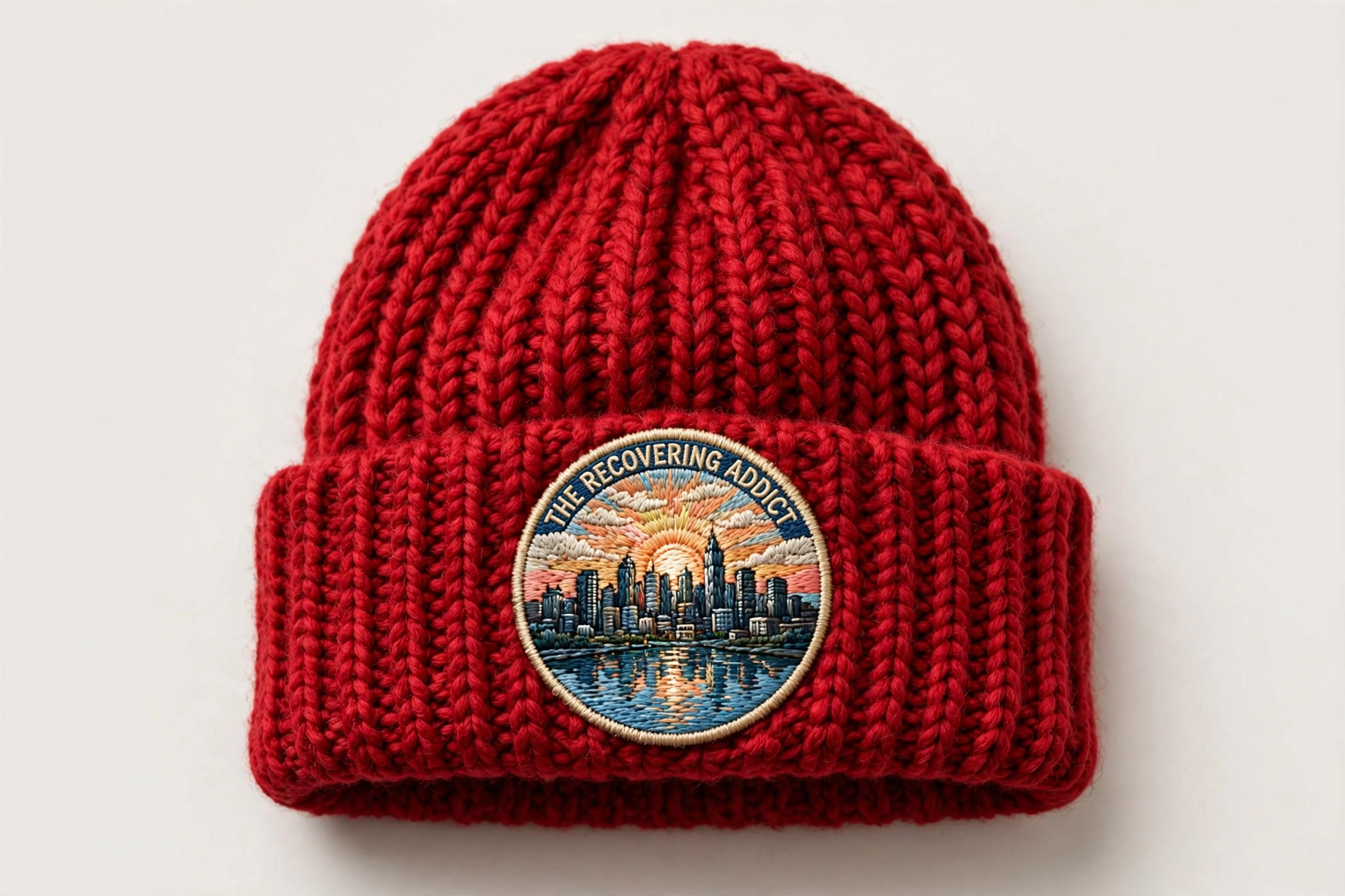Red winter beanie with The Recovering Addict Minneapolis sunrise, skyline, and river patch centered on the folded cuff
